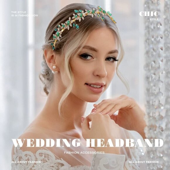 Green Rhinestone Headband Gold Wedding Hair Accessory for Women